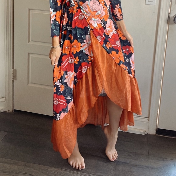 Boho Floral Print Asymmetrical Ruffle Hem Belted Maxi Dress - Picture 11 of 12